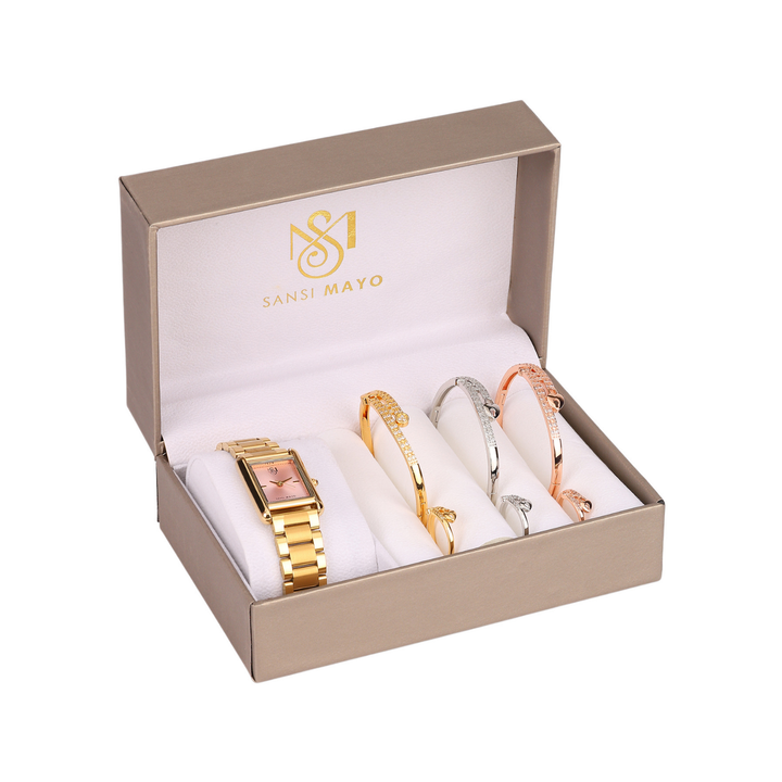 Sansi Mayo Women’s Watch, Bangle & Ring Gift Set — Gold Stainless Steel with Light Pink Dial & Crystal Egyptian Stone