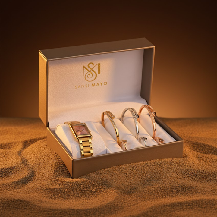 Sansi Mayo Women’s Watch, Bangle & Ring Gift Set — Gold Stainless Steel with Light Pink Dial & Crystal Egyptian Stone