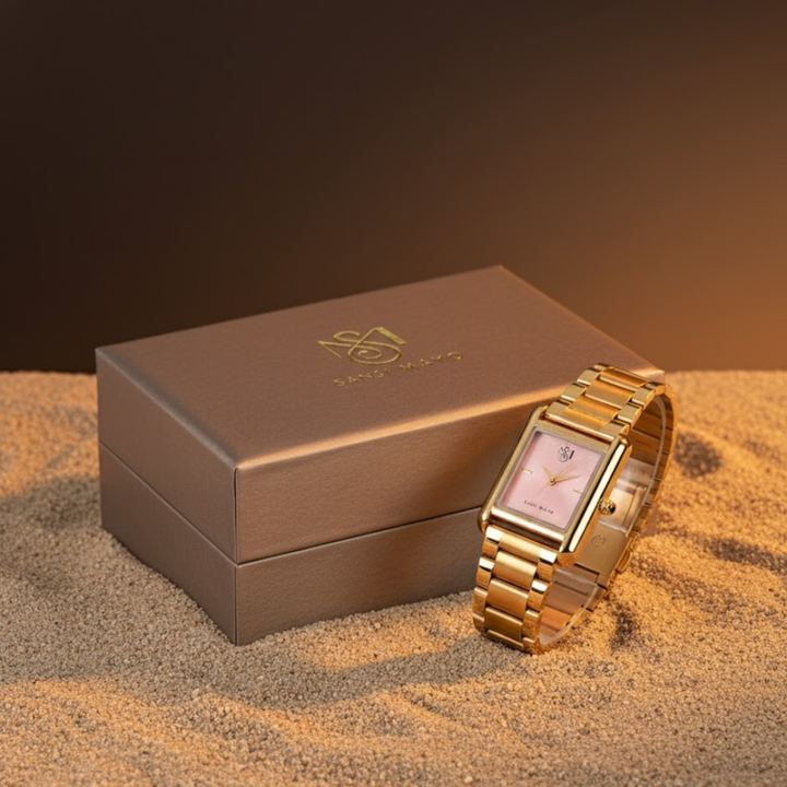 Sansi Mayo Women’s Watch, Bangle & Ring Gift Set — Gold Stainless Steel with Light Pink Dial & Crystal Egyptian Stone