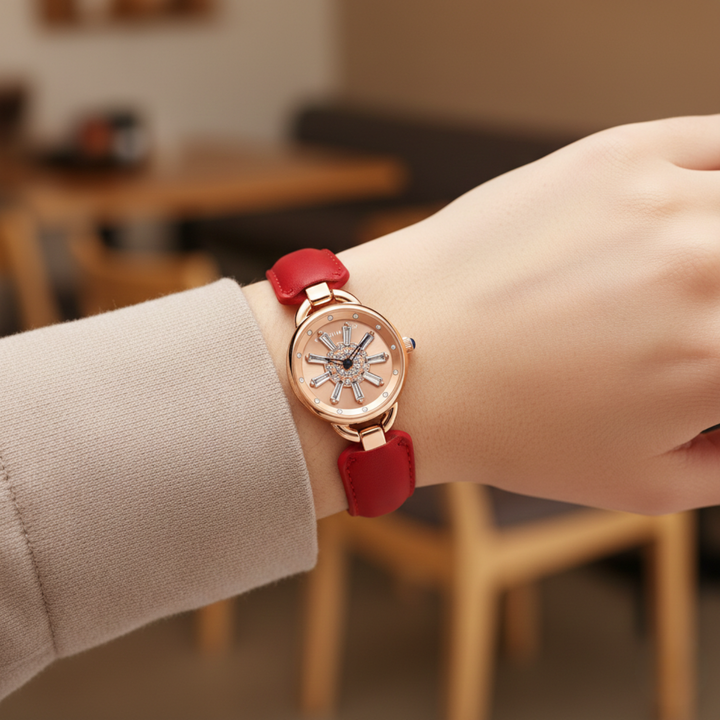 Aurora Women Dynamic Rotating Dial Watch Ð Red & Rose Gold Edition