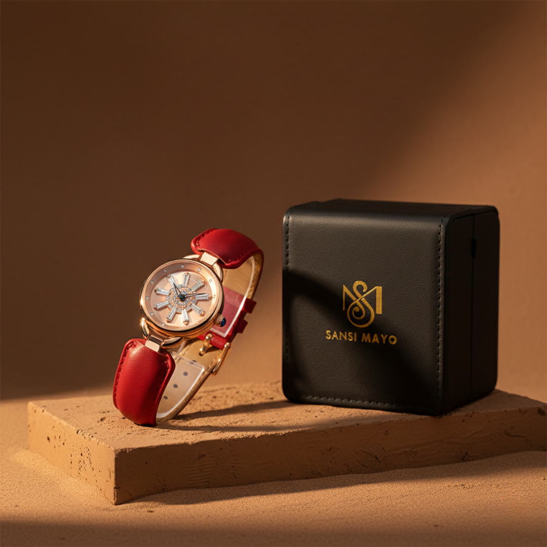 Aurora Women Dynamic Rotating Dial Watch Ð Red & Rose Gold Edition