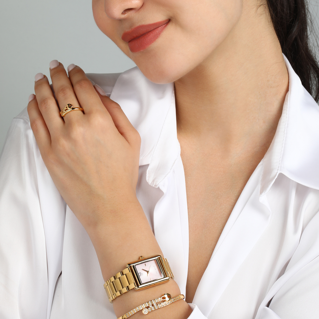 Sansi Mayo Women’s Watch, Bangle & Ring Gift Set — Gold Stainless Steel with Light Pink Dial & Crystal Egyptian Stone