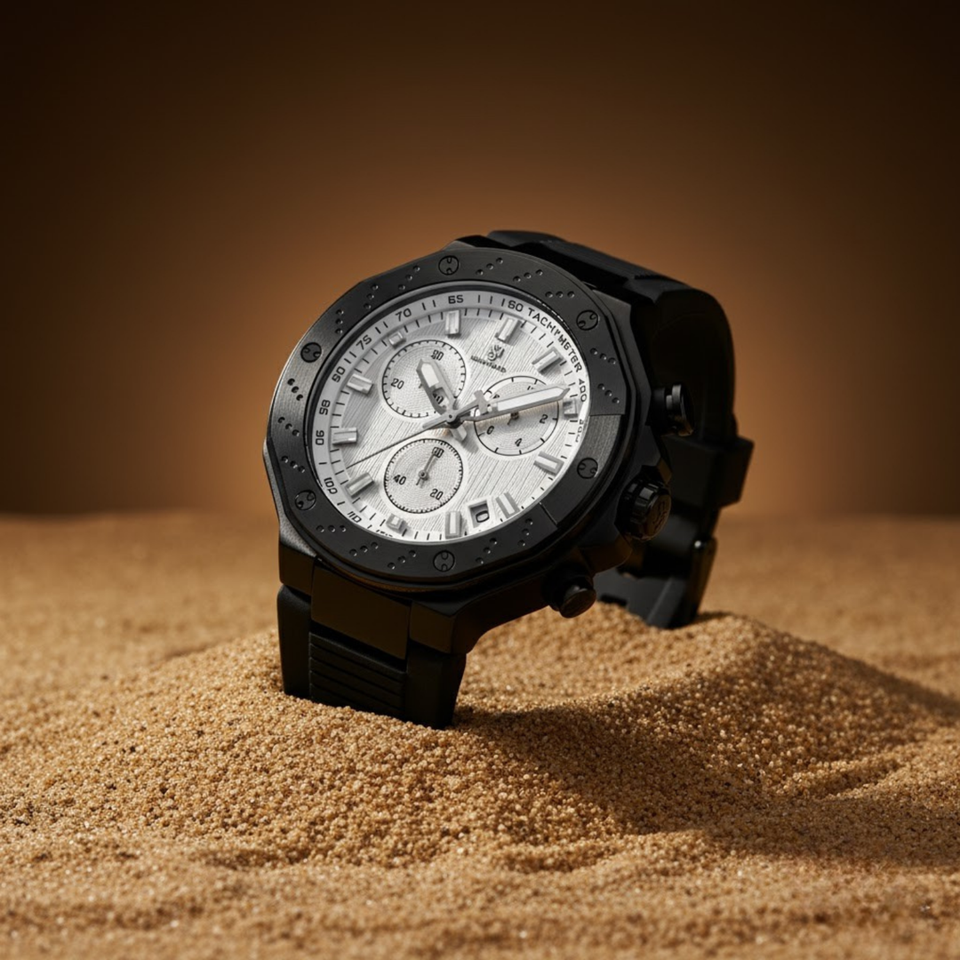 Romano White Dial Men’s Watch — Black Case & Silicone Strap