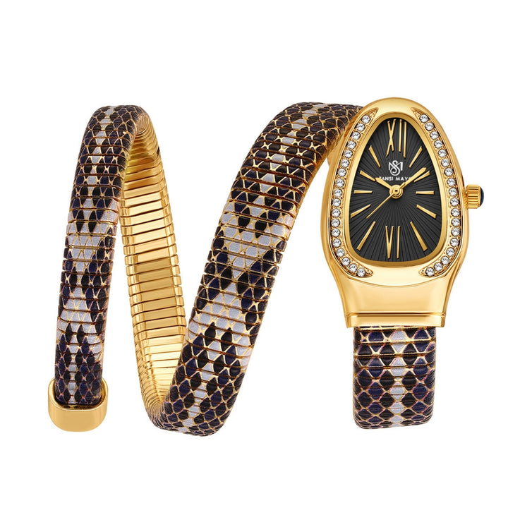 Koil Snake Two-Tone Gold Black Silver Bracelet Watch — Black Dial | Sansi Mayo