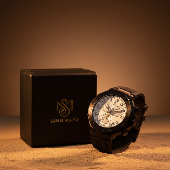 Romano White Dial Men’s Watch — Black Case & Silicone Strap