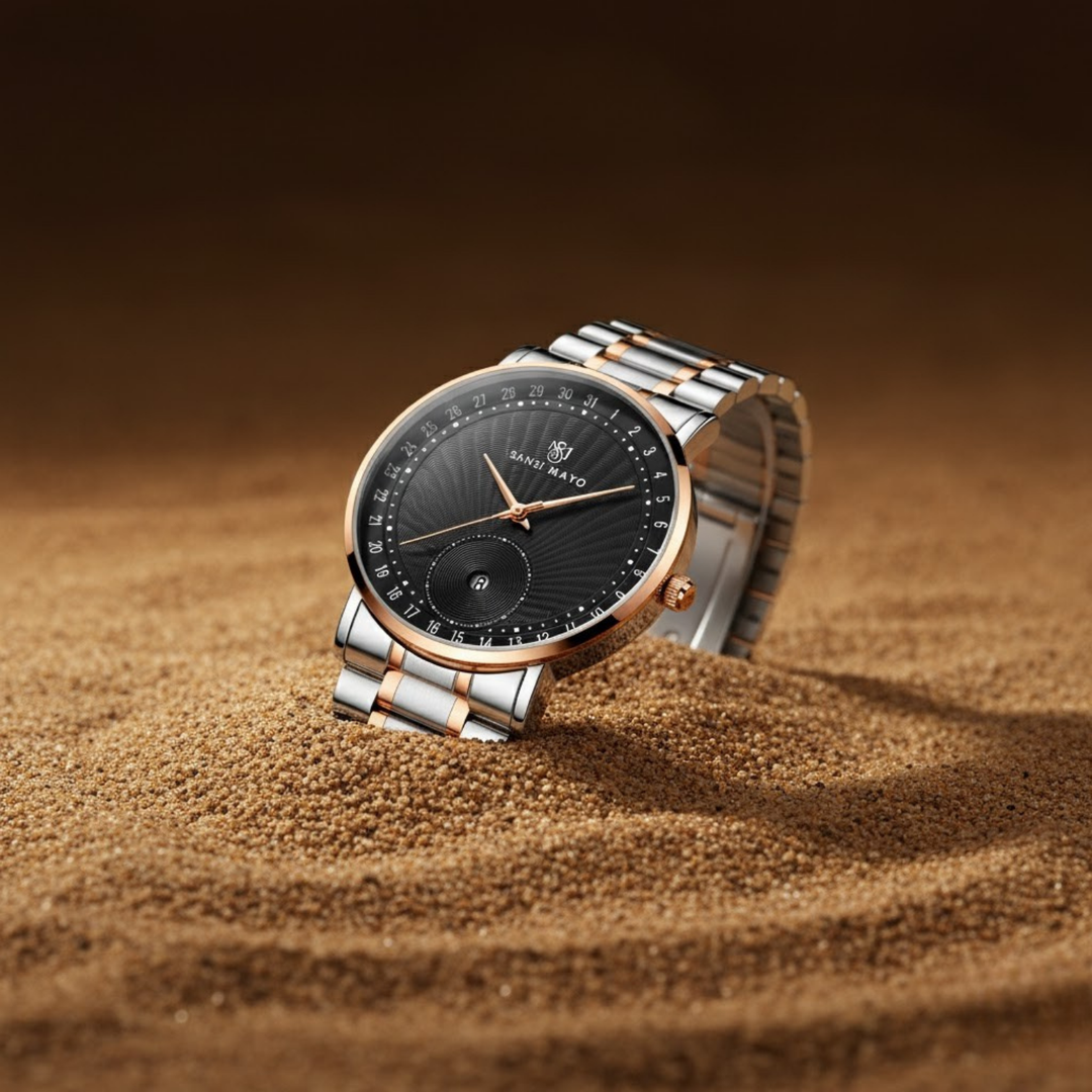 Sansi Mayo AxisTwo-Tone Rose Gold Stainless Steel Watch — Black Dial