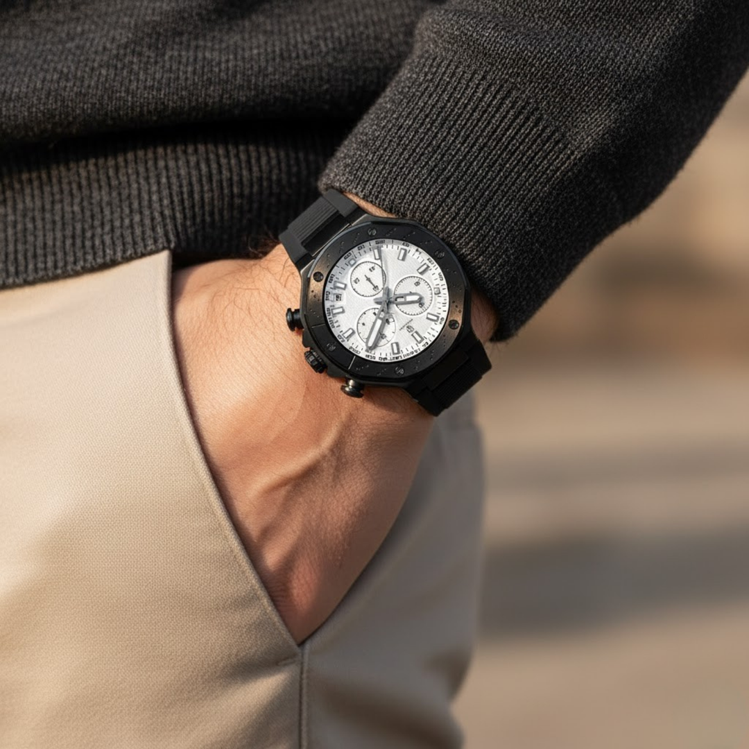 Romano White Dial Men’s Watch — Black Case & Silicone Strap