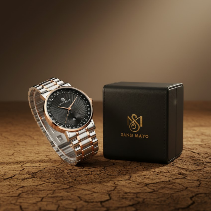 Sansi Mayo AxisTwo-Tone Rose Gold Stainless Steel Watch — Black Dial