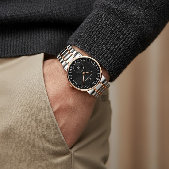 Sansi Mayo AxisTwo-Tone Rose Gold Stainless Steel Watch — Black Dial