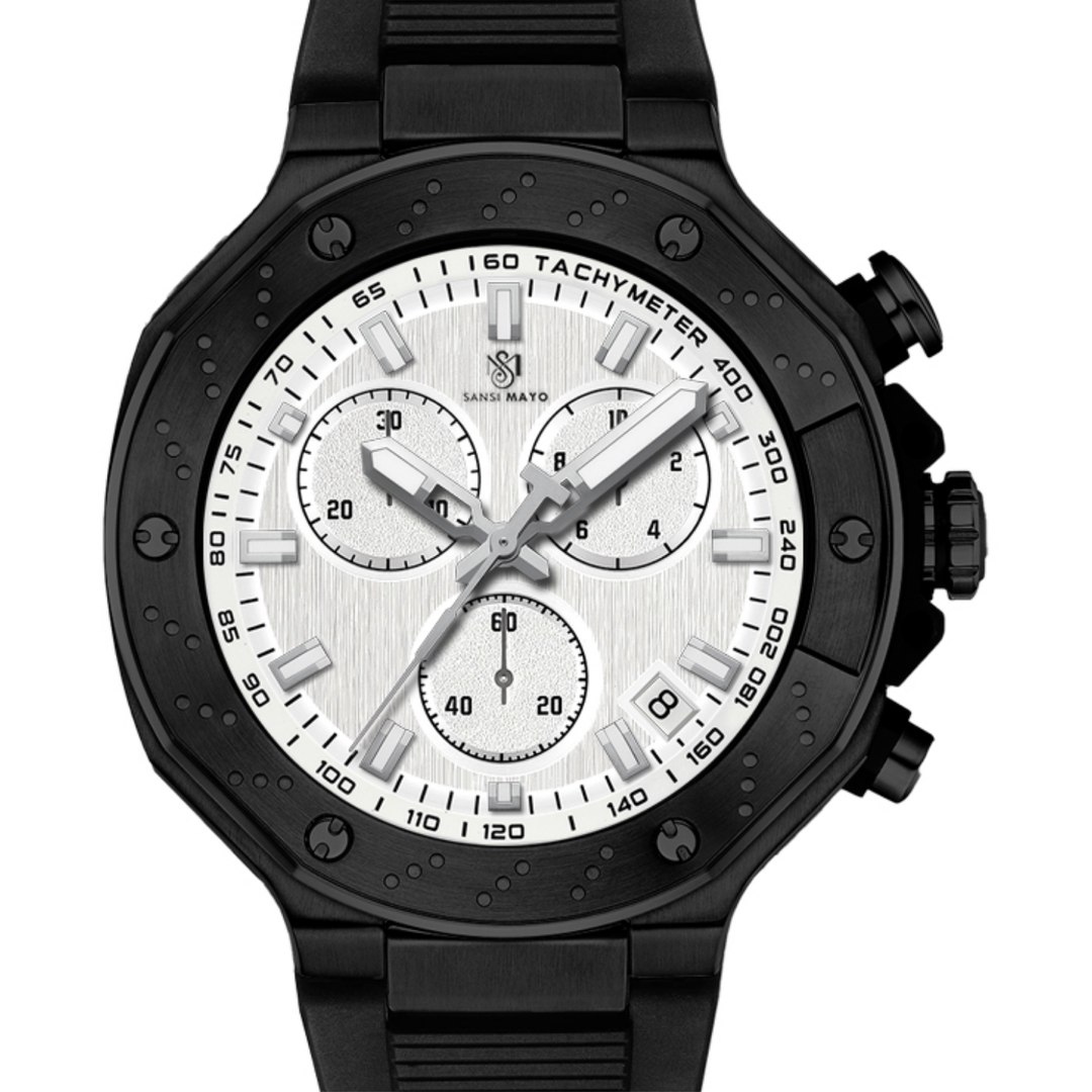 Romano White Dial Men’s Watch — Black Case & Silicone Strap