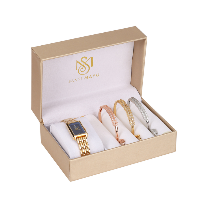 Sansi Mayo Women’s Watch, Bangle & Ring Gift Set — Gold Stainless Steel with Blue Dial & Crystal Egyptian Stone