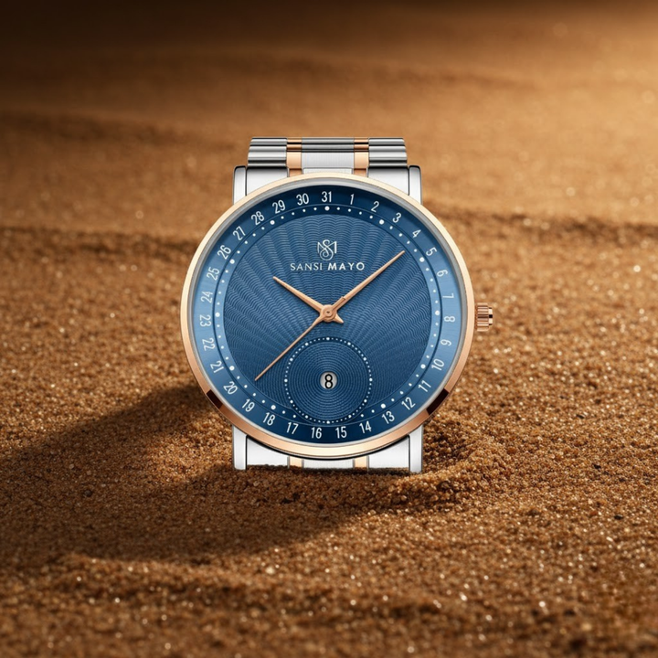 Classic Two-Tone Rose Gold Stainless Steel Watch — Blue Dial Edition