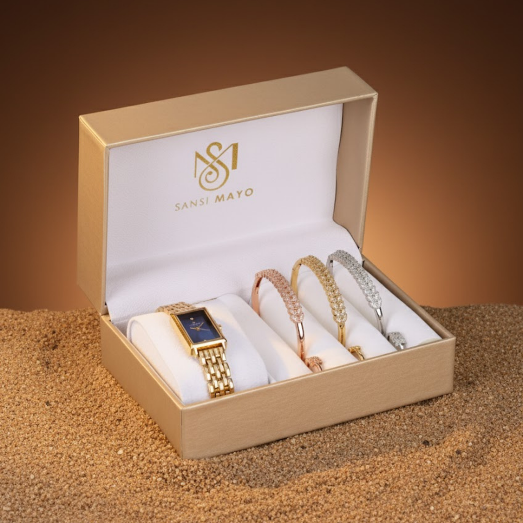 Sansi Mayo Women’s Watch, Bangle & Ring Gift Set — Gold Stainless Steel with Blue Dial & Crystal Egyptian Stone