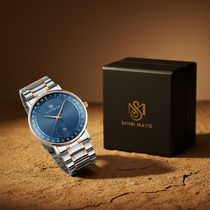 Classic Two-Tone Rose Gold Stainless Steel Watch — Blue Dial Edition