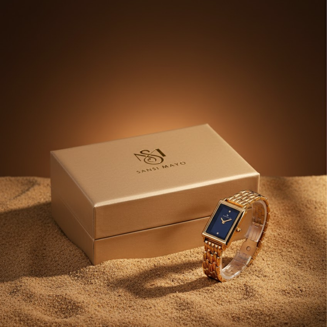 Sansi Mayo Women’s Watch, Bangle & Ring Gift Set — Gold Stainless Steel with Blue Dial & Crystal Egyptian Stone