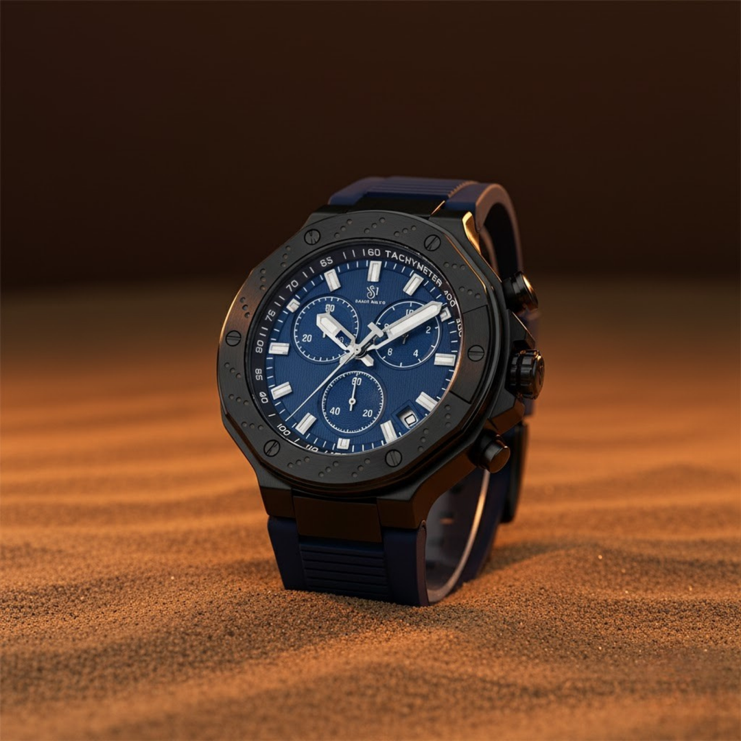 Romano Blue Dial Men’s Watch — Black Case & Silicone Strap