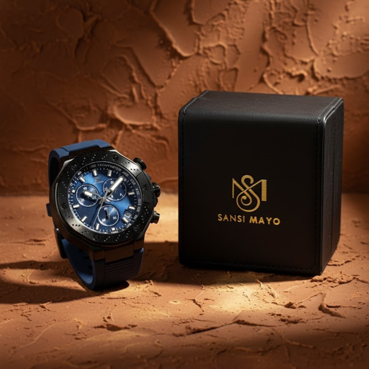 Romano Blue Dial Men’s Watch — Black Case & Silicone Strap