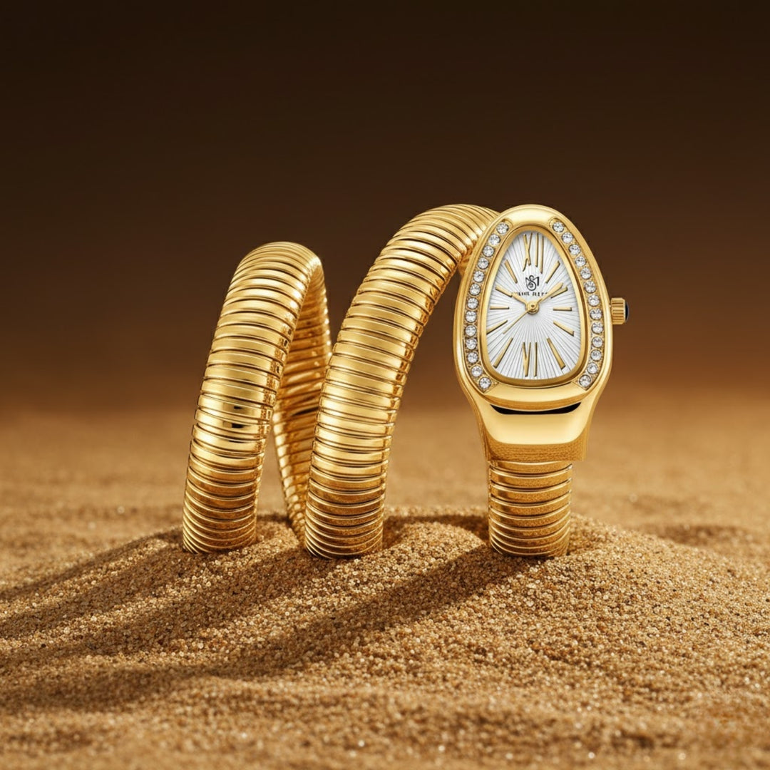 Snake 2.0 Gold Coil Bracelet Watch — White Dial | Sansi Mayo