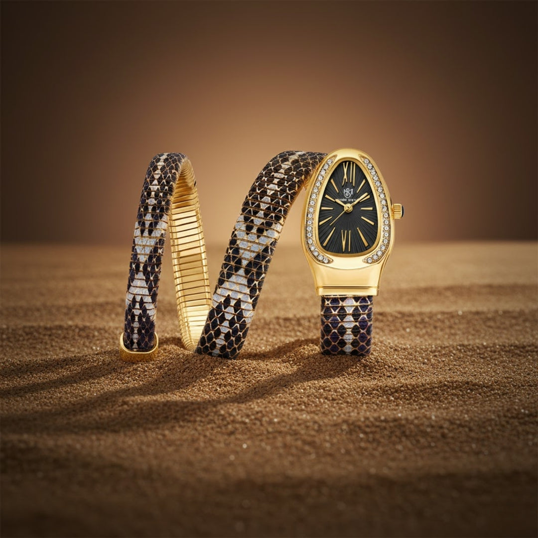 Koil Snake Two-Tone Gold Black Silver Bracelet Watch — Black Dial | Sansi Mayo