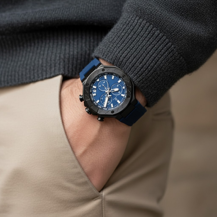 Romano Blue Dial Men’s Watch — Black Case & Silicone Strap