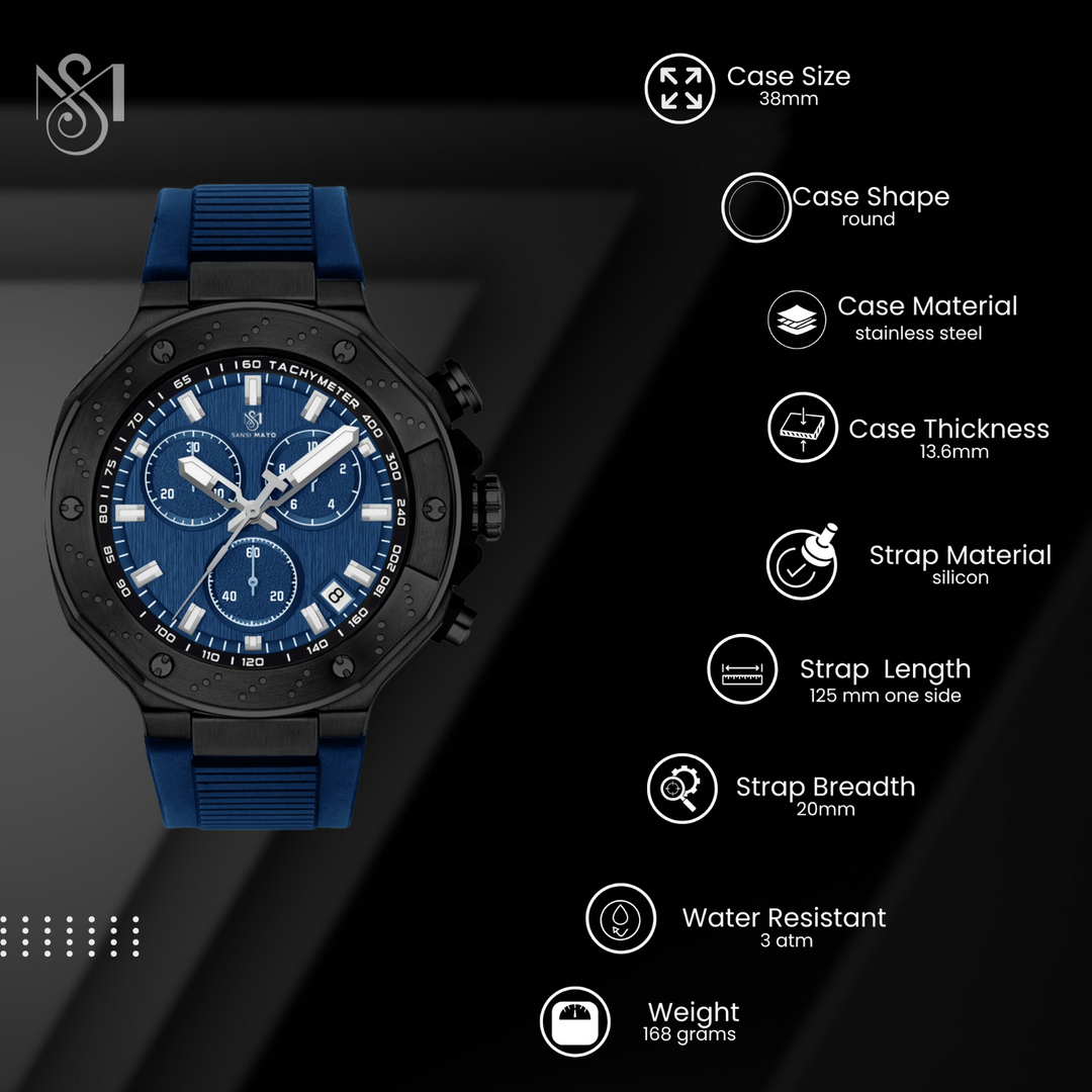 Romano Blue Dial Men’s Watch — Black Case & Silicone Strap