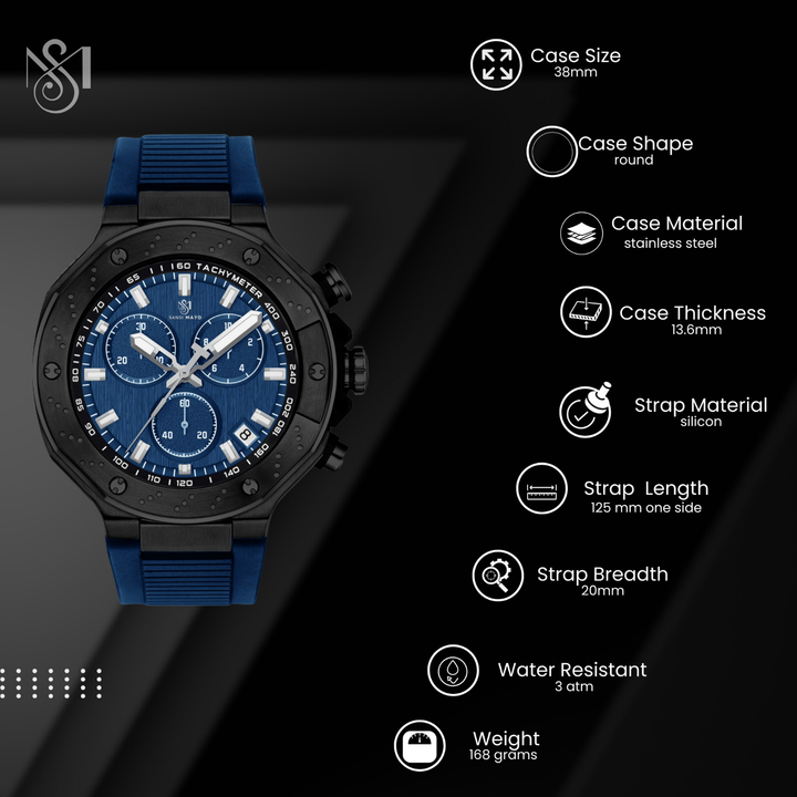 Romano Blue Dial Men’s Watch — Black Case & Silicone Strap