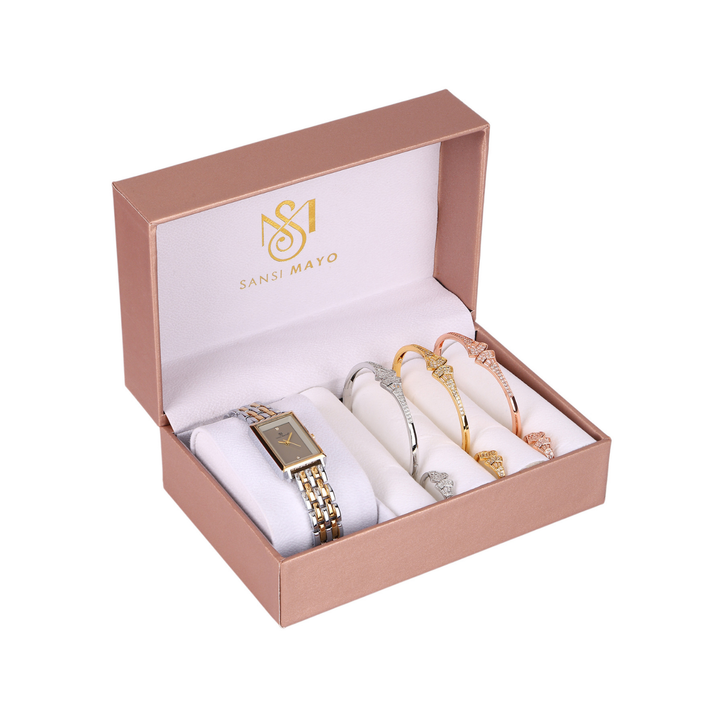 Sansi Mayo Women’s Watch, Bangle & Ring Gift Set — Two-Tone Silver Gold with Grey Dial & Crystal Egyptian Stone
