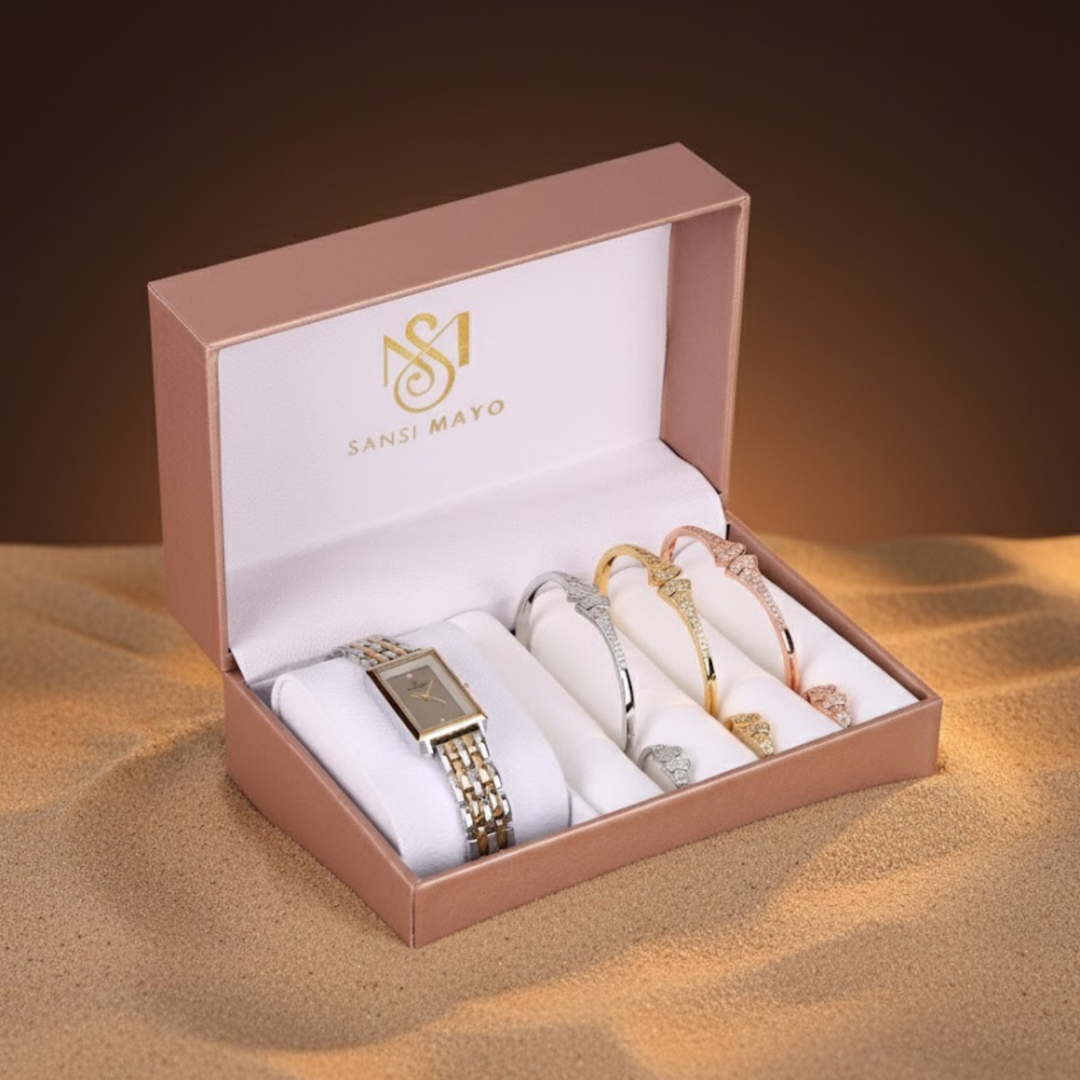 Sansi Mayo Women’s Watch, Bangle & Ring Gift Set — Two-Tone Silver Gold with Grey Dial & Crystal Egyptian Stone
