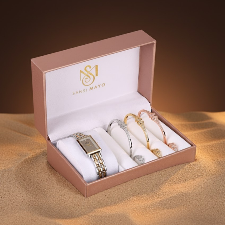 Sansi Mayo Women’s Watch, Bangle & Ring Gift Set — Two-Tone Silver Gold with Grey Dial & Crystal Egyptian Stone