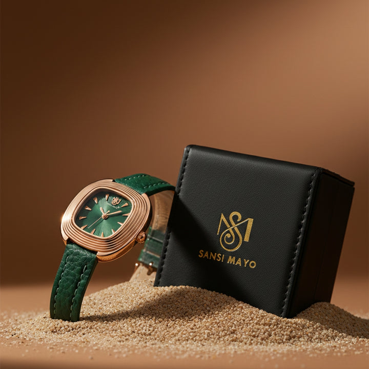 Verona Green Dial Rose Gold Leather Watch for Women