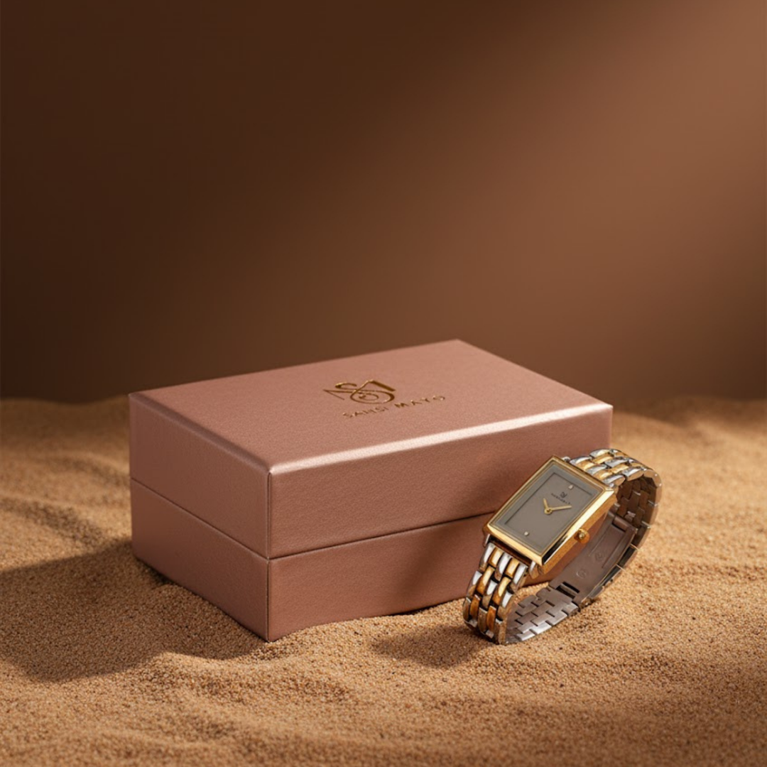 Sansi Mayo Women’s Watch, Bangle & Ring Gift Set — Two-Tone Silver Gold with Grey Dial & Crystal Egyptian Stone