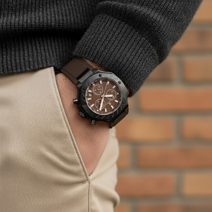 Romano Brown Dial Men’s Watch — Black Case & Silicone Strap