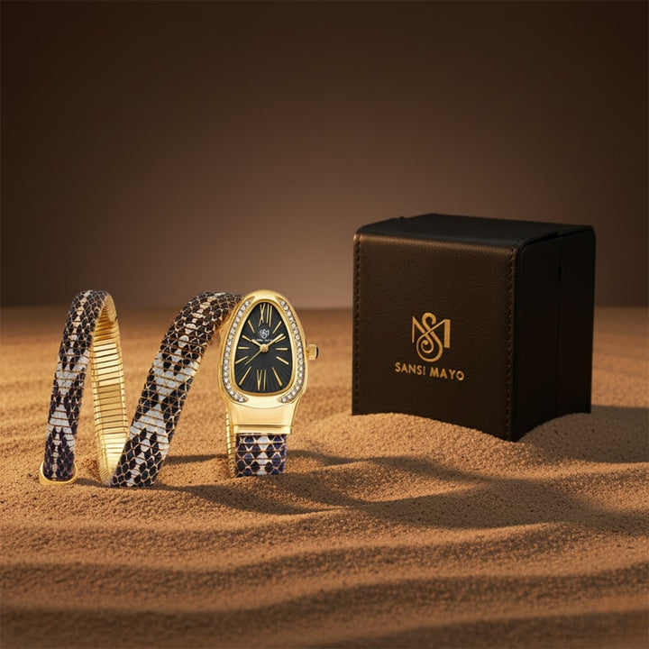 Koil Snake Two-Tone Gold Black Silver Bracelet Watch — Black Dial | Sansi Mayo
