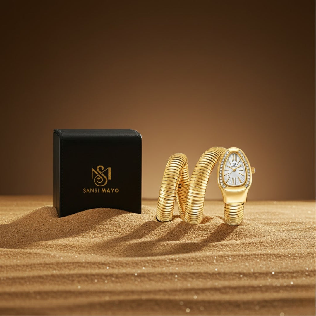 Snake 2.0 Gold Coil Bracelet Watch — White Dial | Sansi Mayo