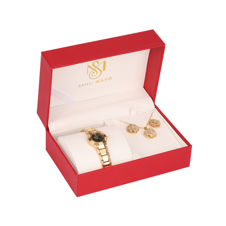 Sansi Mayo Women’s Watch & Jewellery Gift Set — Gold with Black Dial & Egyptian Stone