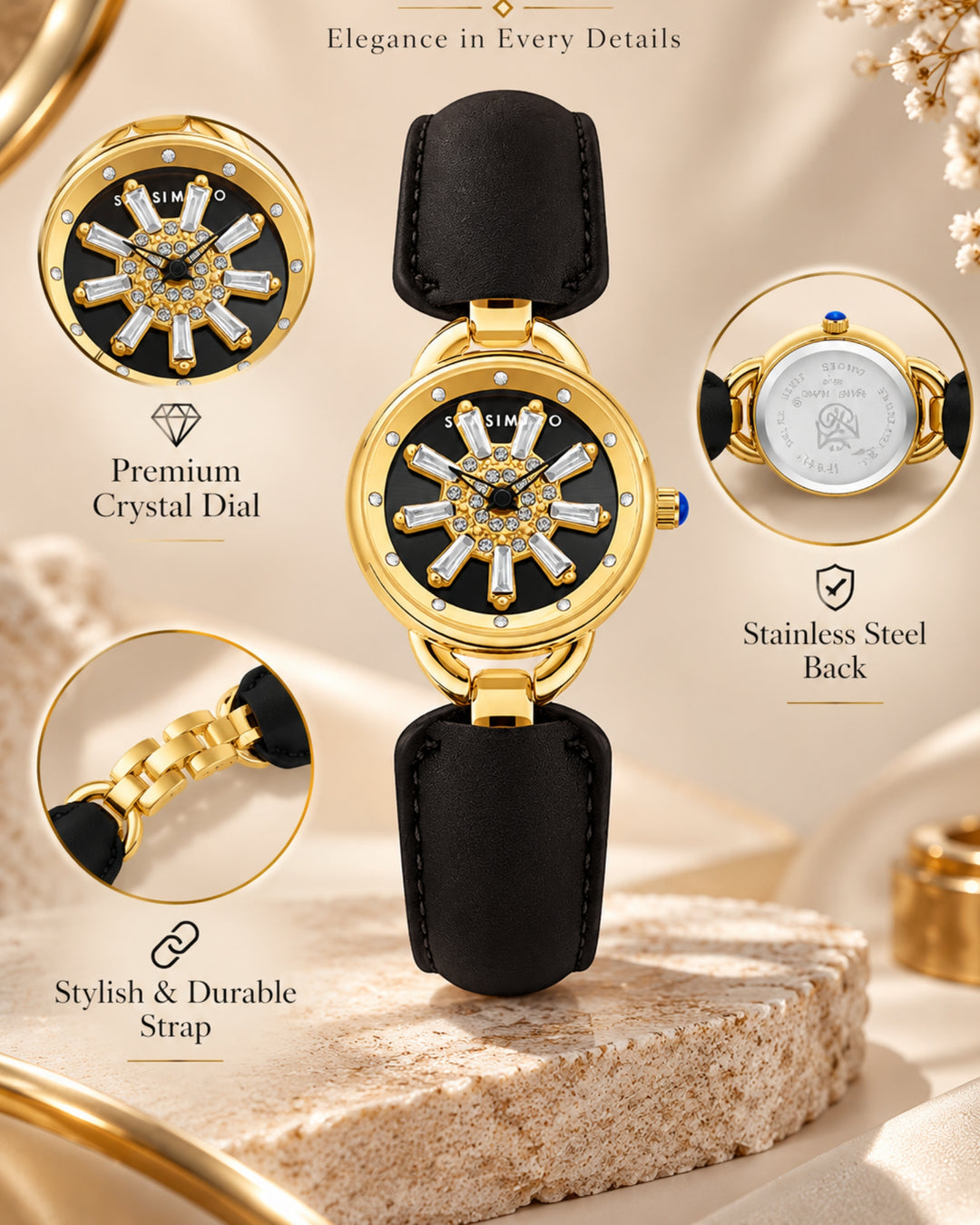 Aurora Black Dynamic Rotating Dial Watch for Women