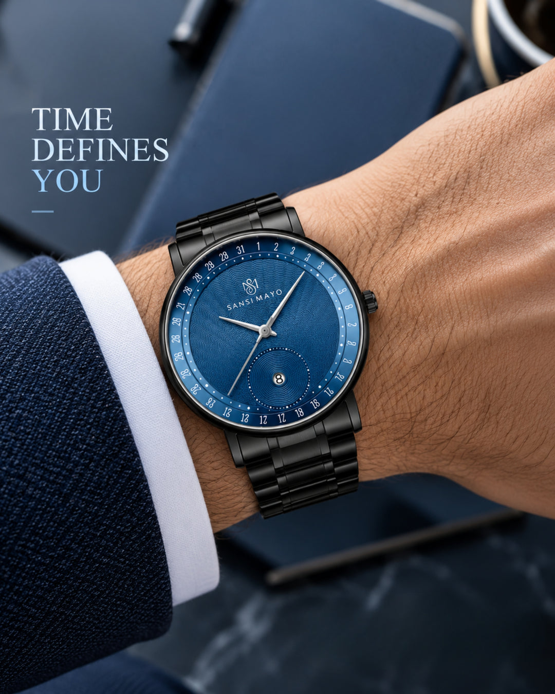 Bold Black & Blue Quartz Date Dial