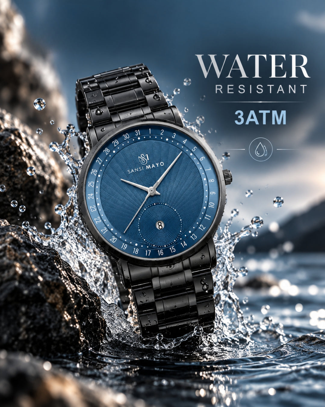 Bold Black & Blue Quartz Date Dial