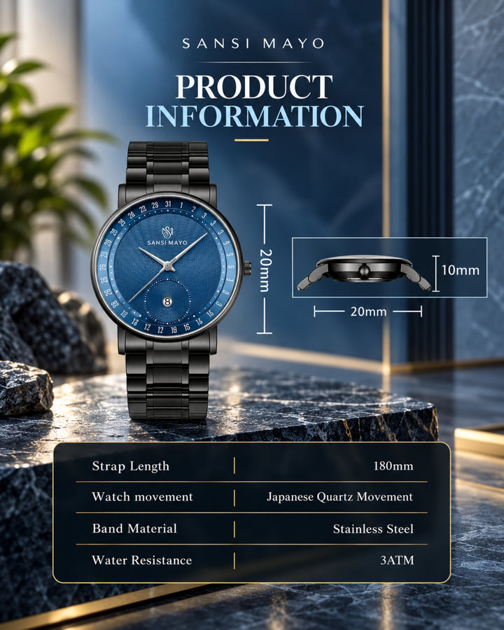 Bold Black & Blue Quartz Date Dial