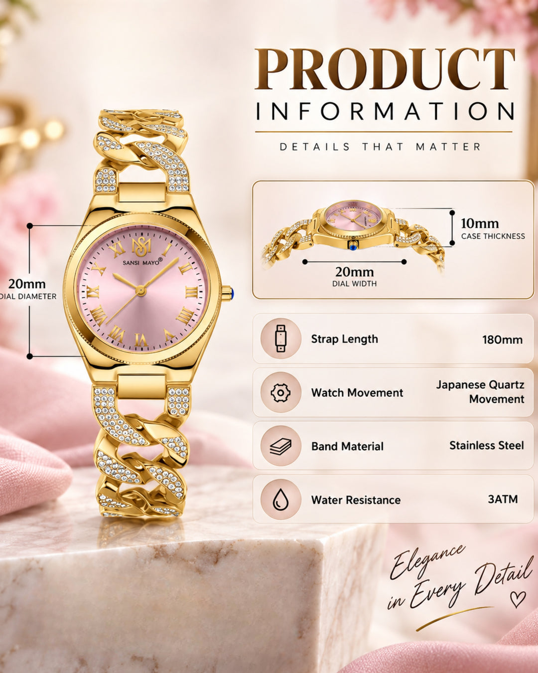 Sansi Mayo ELORA Egyptian Stone Bracelet Style Watch -Light Pink Dial, Gold Edition