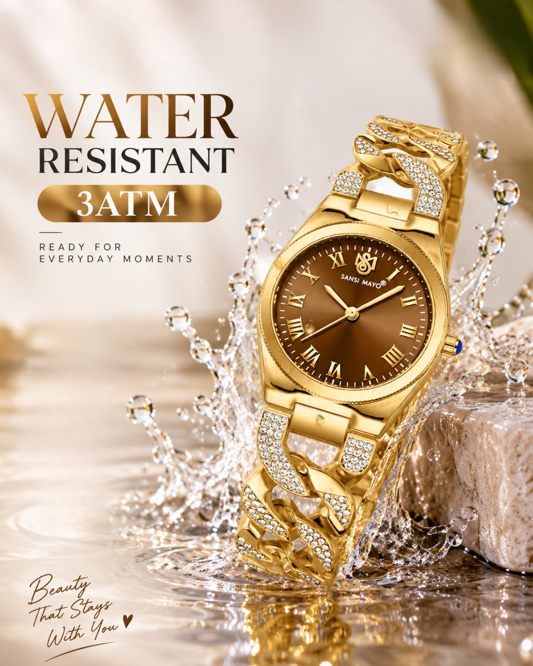 Sansi Mayo Elora Egyptian Stone Watch -Gold Edition (Brown Dial)