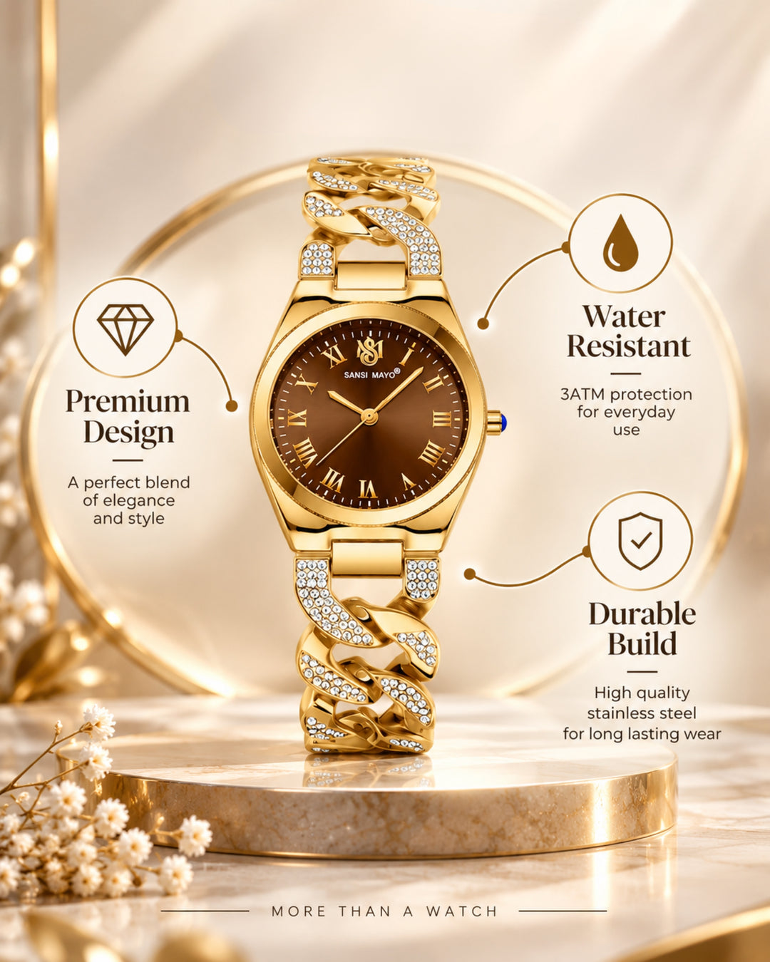 Sansi Mayo Elora Egyptian Stone Watch -Gold Edition (Brown Dial)