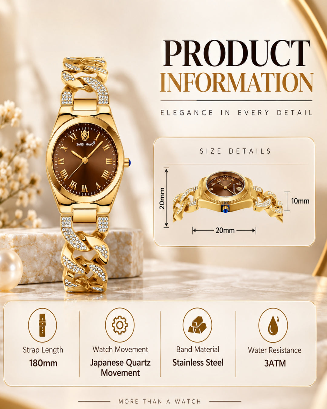 Sansi Mayo Elora Egyptian Stone Watch -Gold Edition (Brown Dial)