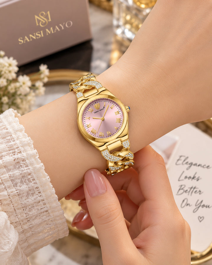 Sansi Mayo ELORA Egyptian Stone Bracelet Style Watch -Light Pink Dial, Gold Edition