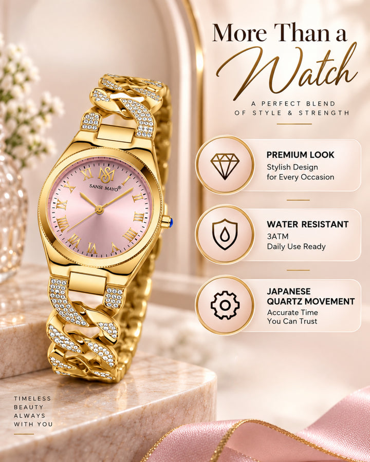 Sansi Mayo ELORA Egyptian Stone Bracelet Style Watch -Light Pink Dial, Gold Edition