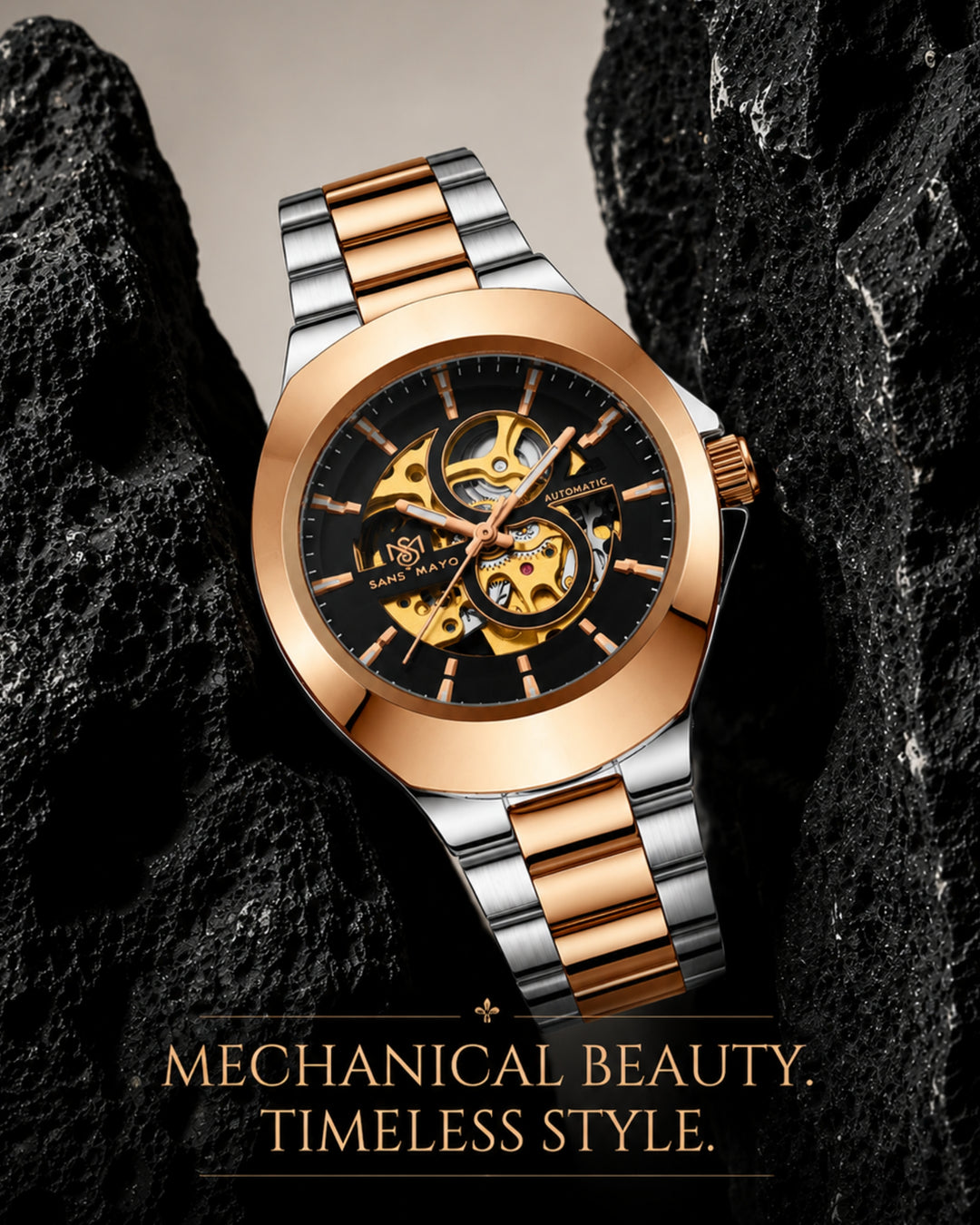 Zeus Edition Gold Skeleton Dial with Rose Gold & Silver Strap