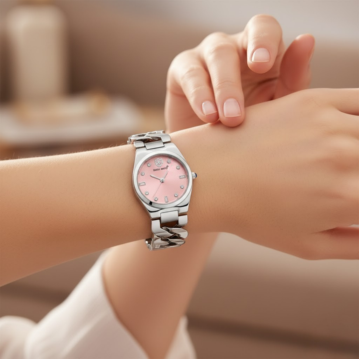 Liora Pink Dial Bracelet Style Watch — Silver Edition