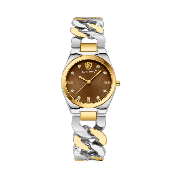 Sansi Mayo LIORA Bracelet Style Band — Two-Tone Silver & Gold (Brown Dial)