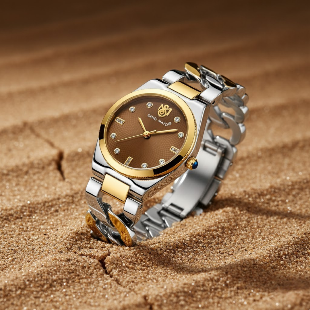 Sansi Mayo LIORA Bracelet Style Band — Two-Tone Silver & Gold (Brown Dial)