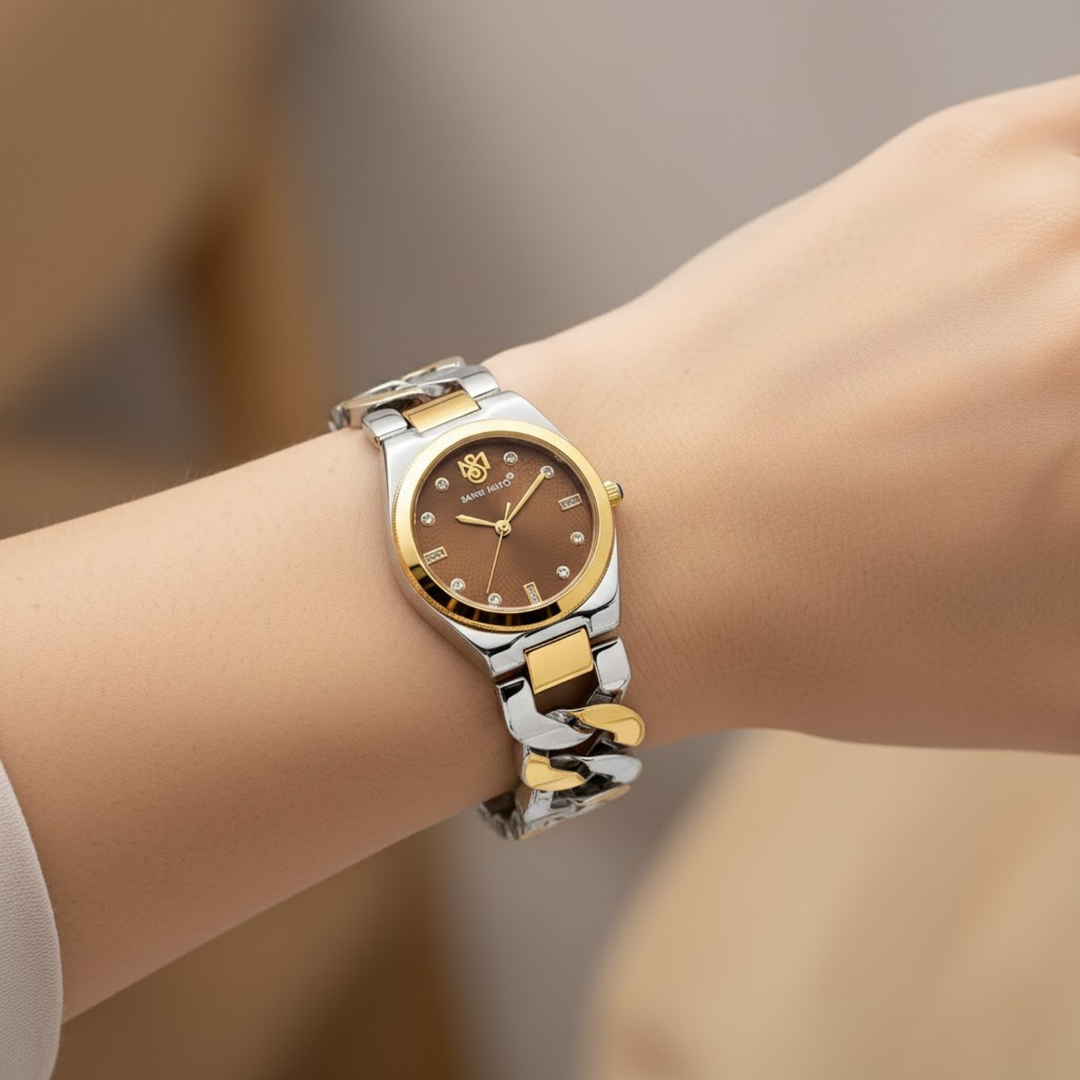 Sansi Mayo LIORA Bracelet Style Band — Two-Tone Silver & Gold (Brown Dial)